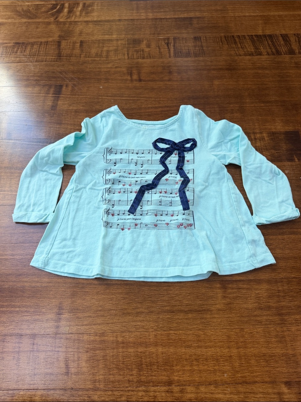 GAP Light Blue Long Sleeve Top with Navy Bow and Music Print